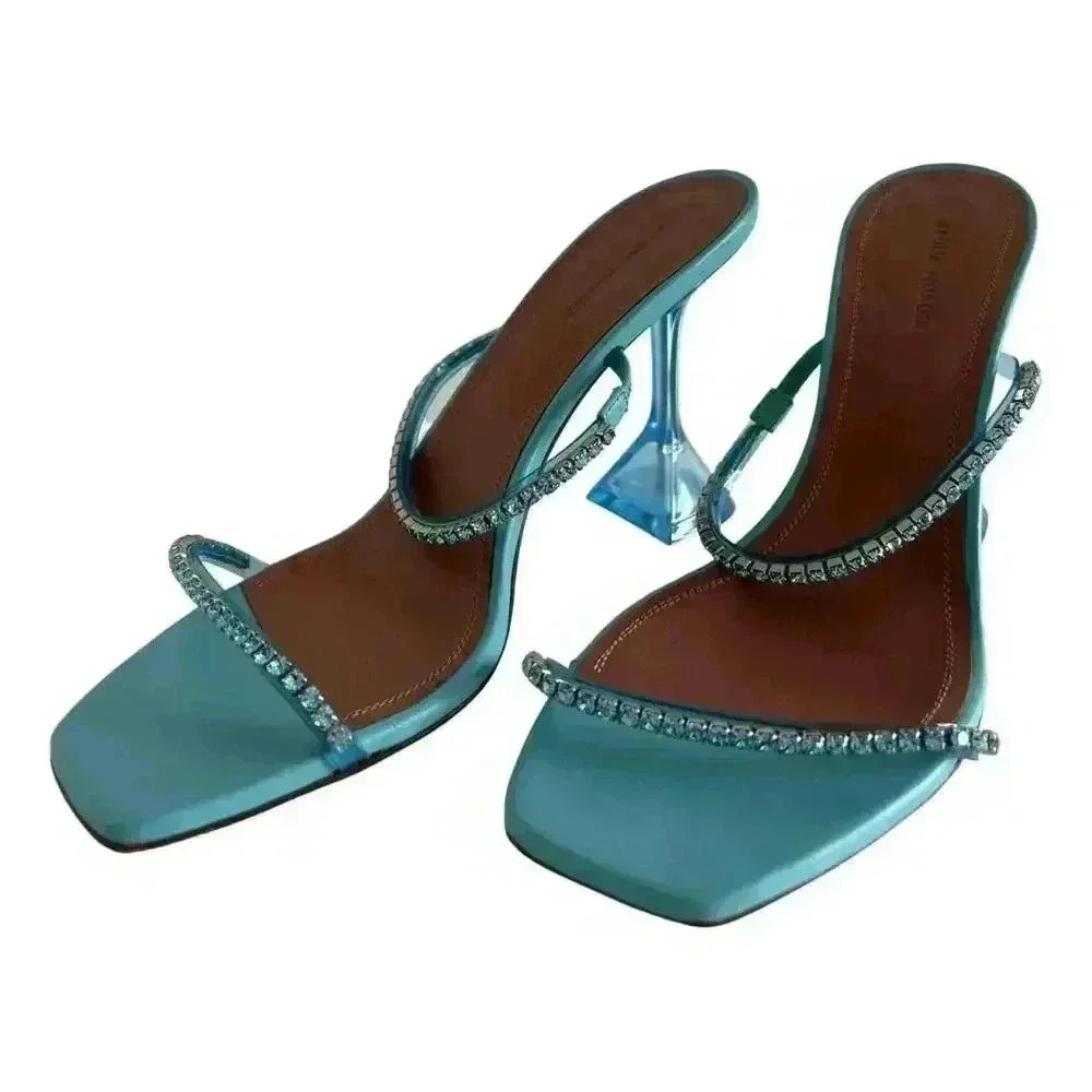 Amina Muaddi Blue Crystal Embellished Sandals - Size 38.5, Brand New with Box